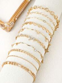 10 件/套优雅铜合金方晶锆石蝴蝶、心形、爱心和星星吊饰手链套装，适合女性日常佩戴