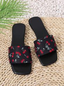 2025 Summer New Women's Black Strap , Cherry Pattern Breathable Anti-Slip Beach Sandals, Casual Open-Toe Flat Slides - Black - View 6
