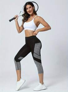 Colorblocked High Waist Yoga Pants Capri Leggings With Pockets For Women Tummy Control Workout Capri Leggings For Women Tights - Grey - View 6