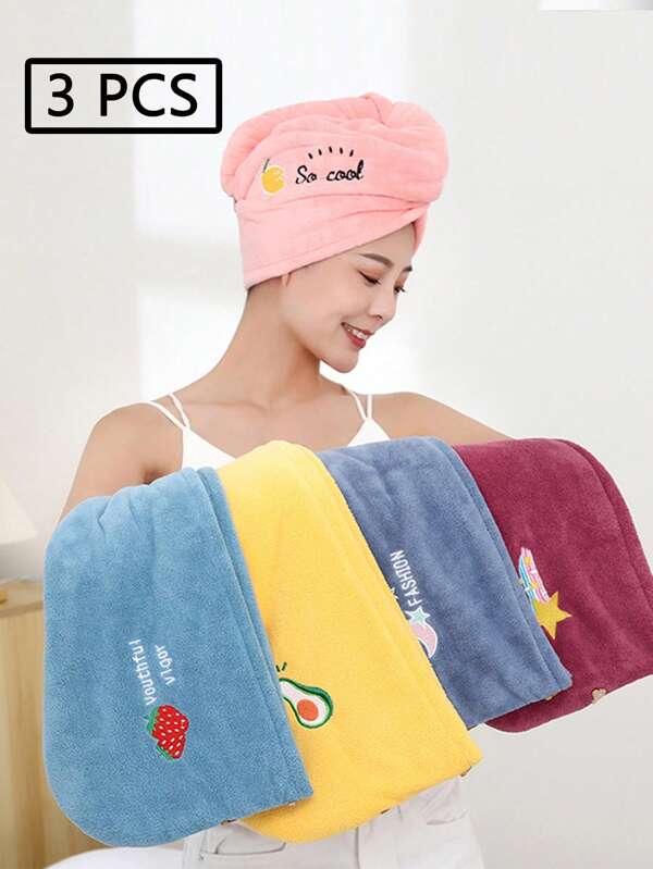 3 قطع / قطعة واحدة منشفة تجفيف الشعر ذات طبعات عشوائية للفاكهة، قبعة استحمام مقاومة للماء، امتصاص قوي مناسب للشعر الطويل والمجعّد