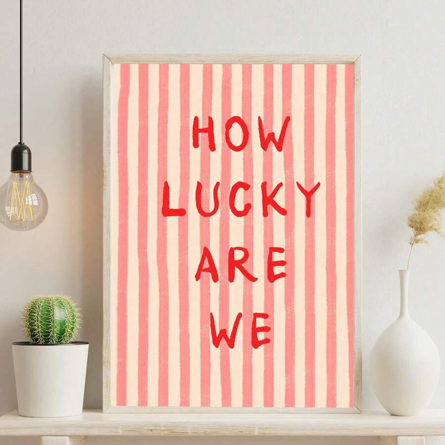 1 Stück gerahmtes dekoratives Leinwandbild, vintage, Wandkunst, Poster, "Wie glücklich sind wir", rosa-rote Streifen, ästhetische Heimdekoration, niedliches positives Zitat Geschenk, Mode, Wohnheimdekor, Mädchenzimmer, Zitate