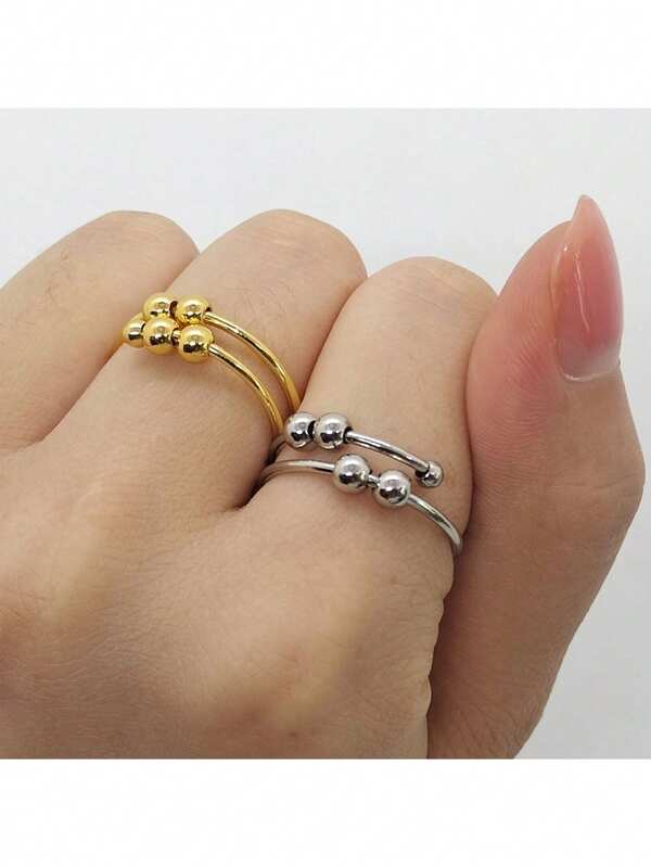 1pc Stainless Steel Minimalist Double Layer Rotatable Ball Ring, Small Unique Design Anxiety Relief Rings For Women