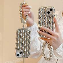 1pc Electroplated Silver Beaded Phone Lanyard And Phone Case Strap With Silver Plated Handmade Beaded Pearl Strap, Short Style, High-End Design Gifts For Mother, Family, Friends, Birthday, Holiday Phone Charm, Phone Chain - Silver - View 3