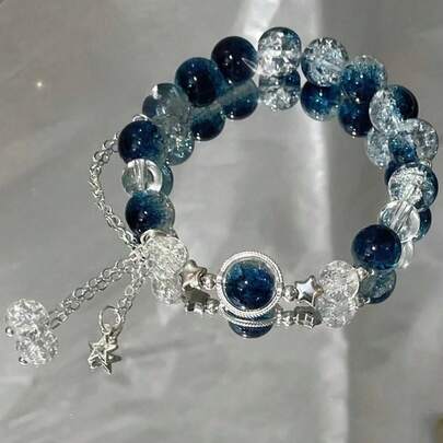 1 件女士新月与银河吊坠手链（吊坠尾珠随机），星形设计 Ins 小众亮丽甜蜜友谊手链，适合女性日常佩戴、约会、派对、婚礼、海滩、聚会