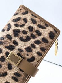 Billetera de mujer de estilo largo, bloques de color, moda estampado de leopardo y corteza, portacartillas multifuncional, bolsillo elegante con botón de presión, gran capacidad, monedero con cierre, conveniente para llevar, adecuado para regalos de vacaciones