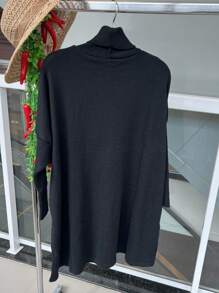 WOMEN'S HIGH NECK MODAL KNITTING PONCHO - 黑色 - 查看 2