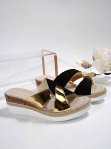 Damen Plateau Sandalen, farblich abgesetzter Keilabsatz Slip-On, lässige High Heel Pantoletten für den Sommer