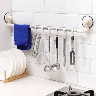 Towel Rail No-Drill, Stainless Steel Kitchen Bathroom Hooks Organizer Rack, Rotatable Towel Bar Suction Cup
