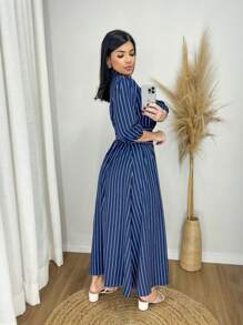 Striped Midi DressStripedelegantConservative / ModestPartyPocketButton - 藏蓝色 - 查看 2