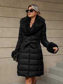 Risissida Women's Simple Versatile Outdoor Commuter Down Jacket, With Fur Collar, Fashion Versatile, Comes With Belt - Black - View 2