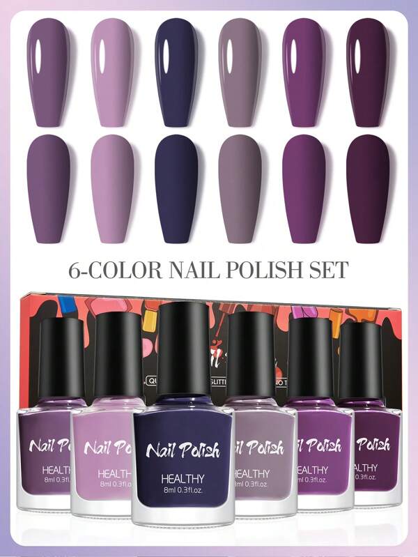 6pcs/Set 8ml Romantic Lavender Nail Polish Set - Natural Color Nail Art Water-Based Non-Bake Gel Nail Polish Base Coat & Top Coat Multi-Color Gradient Combination, Glossy Finish, Suitable For Salon, DIY, Festival, Birthday, Valentine's Day Gift