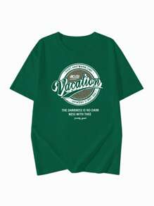 新款春夏女装小众设计字母印花圆领休闲百搭少女 100% 纯棉短袖 T 恤，背面上衣学校 - 綠色 - 查看 3