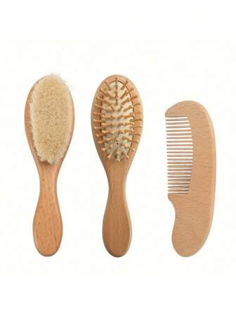 3 件套护发梳子套装，木柄羊毛洗发刷，头皮按摩气囊梳，头发顺发梳，家用护发工具（带白蜡木柄和羊毛刷毛）