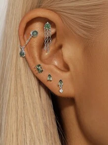 1PC 925 Sterling Silver Natural Green Agate Marquise Flat Back Cartilage Helix Piercing Fine Jewelry For Daily Wear Wedding Party Engagement Anniversary Valentine's Day