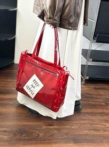 透明口袋设计，大容量男女通用手提包带零钱包，新款韩版学院风多口袋书包，百搭休闲斜挎包，中号帆布包，透明PVC口袋止痛包 - 紅色 - 查看 11