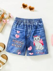 Girls' Summer Cat & Heart Printed Knit Shorts - Blue - View 1