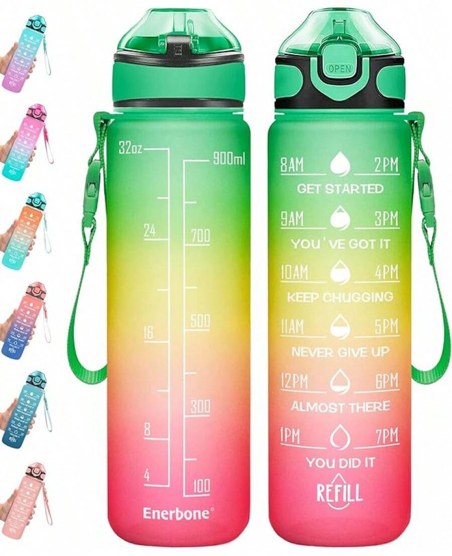 Enerbone 32 Oz Drinking Water Bottle With Times To Drink And Straw, Motivational With Carrying Strap, Leakproof & Toxic Free, Ensure You Drink Enough Water For Fitness Gym Outdoor - 紅色 - 查看 1