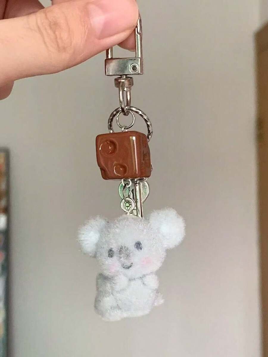 1pc Unisex Cute Cartoon Flocked Poodle Keychain, Bone Bead Decor, Versatile For Phone Case, Bag, Student