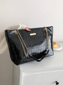 Fashionable Retro Large Capacity Crocodile Pattern Women Shoulder Tote Bag - Black - View 4