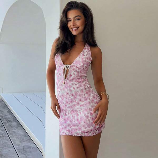 Sexy Body-Con All-Over Print Lace Back Cut-Out Party Dress, Elegant For Night Out, Summer