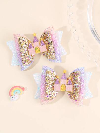 2 peças Glitter Castelo Laços de Cabelo Para Meninas Brilhante Gradiente Laço Jacaré Grampos de Cabelo Princesa Bonitos Adoráveis Meninas Rabo de Cavalo Laços Grampos Presente de Natal Acessórios de Cabelo para Crianças