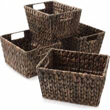 Set Of 4 Water Hyacinth Storage Baskets With Handles - Espresso, Woven Rectangular Storage Bins For Shelves, Blankets, Laundry Organization - Espresso - Hyacinth - View 2