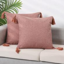 2 Pcs Linen Fringe Cushion Cover Set, Sofa Throw Pillow Covers With Tassel Design