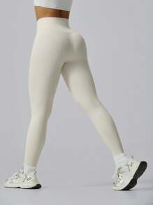 NcmRyu 1pc Women's Elastic Solid Color Versatile Outer Wear Running Shaping Lifting Waist Sports Leggings - White - View 5