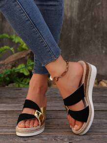 Damen Plateau Sandalen, farblich abgesetzter Keilabsatz Slip-On, lässige High Heel Pantoletten für den Sommer