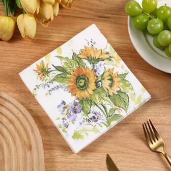 33*33cm Wild Sunflower Pattern Napkins, Comfortable Visual, Soft Disposable Absorbent Paper Napkins Suitable For Picnic, Party, Family Gathering, Hotel, Cafe Decoration