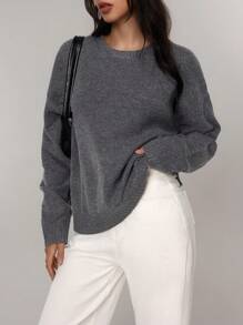 FOR BEAUTY Autumn And Winter New Solid Color Simple Round Neck Long Sleeved Daily Casual Lazy Style Knitted Sweater Knit Top, Fashion Loose And Warm Commuting Style Sweater Jumpers For Women Pullover New Year