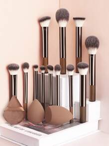 15件套多功能化妆套装，包含12支长柄软毛化妆刷、2个化妆海绵、1个粉扑，快速上妆工具，适合所有肤质。化妆刷套装，化妆刷套装，化妆刷套装，完整化妆套装，化妆刷套装，完整化妆套装，化妆刷套装，化妆刷套装，化妆礼盒，赠品，专业化妆刷，完整化妆套装 - 咖啡棕 - 查看 14