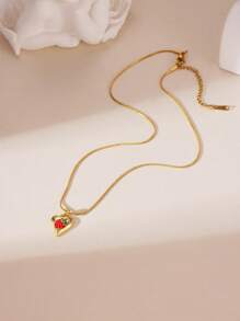 1pc 18K Stainless Steel Oil-Drop Strawberry & Cherry Zirconia Necklace, Elegant Jewelry Accessory For Women, Suitable For Daily Wear And Gatherings