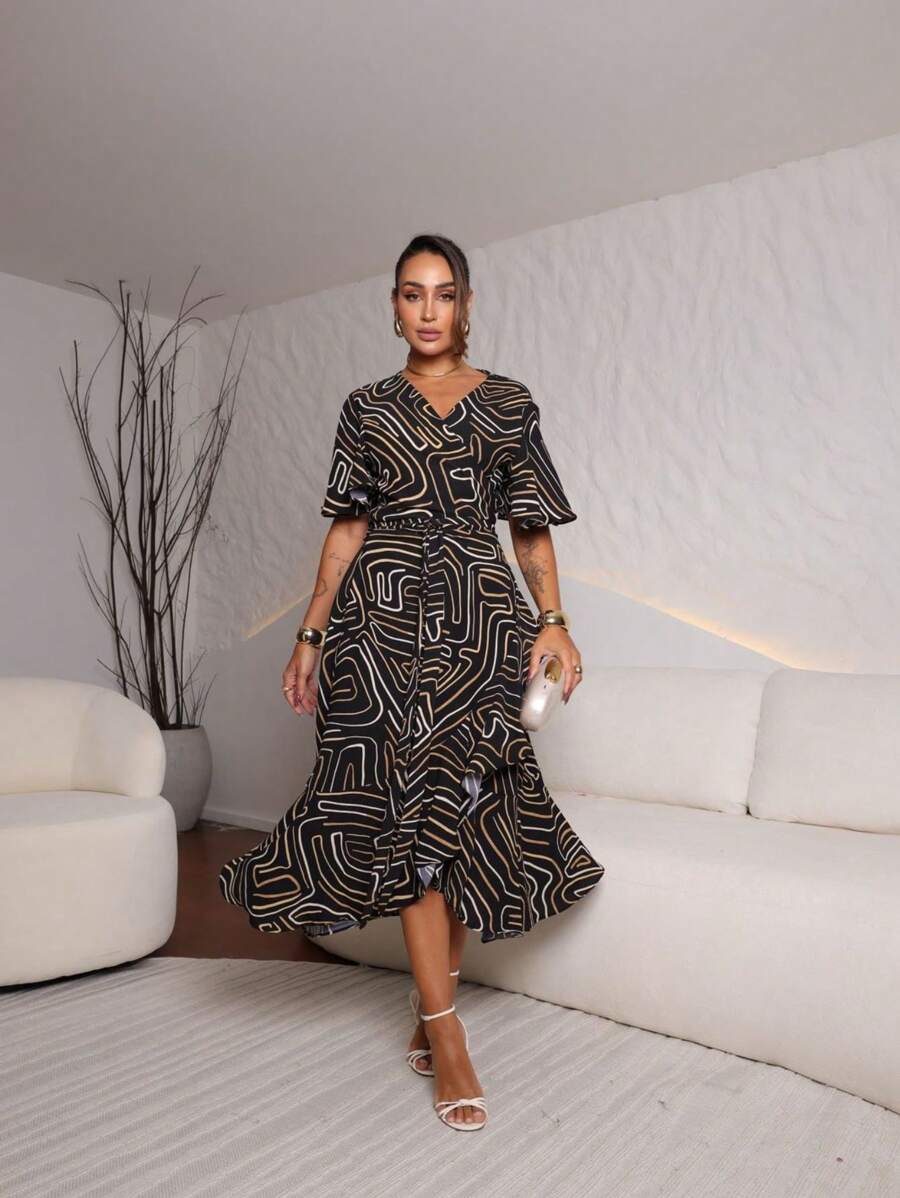 Printed Wrap Dress With Tie - Blanco y Negro - Ver 1