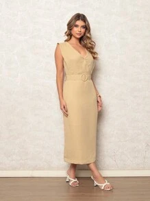 ALETHEIA - ELEGANT WOMEN'S MIDI DRESS WITH WRAP OVER TANK TOP AND LINEN LINED BELT - WOMEN'S PARTY DRESSES - 淡黃色 - 查看 6