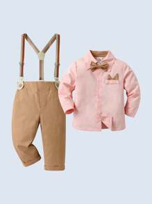 BOARNSEORL 2pcs Young Boys Gentleman Outfit - Long Sleeve Shirt With Bowknot And Khaki Suspender Pants, Stylish & Outfit For Birthday Party, Wedding, Formal Occasions - 卡其色 - 查看 2
