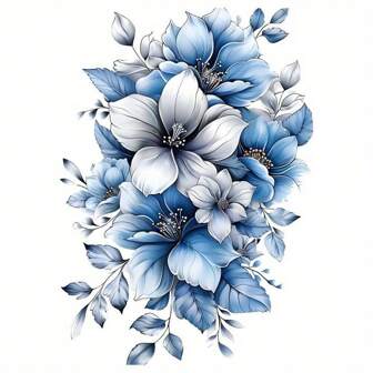 Eleganta blå & grå blommiga påstrykningsdekaler - tvättbara glitterdekaler för t-shirts, kuddar, masker och ryggsäckar, klistermärken för kläder