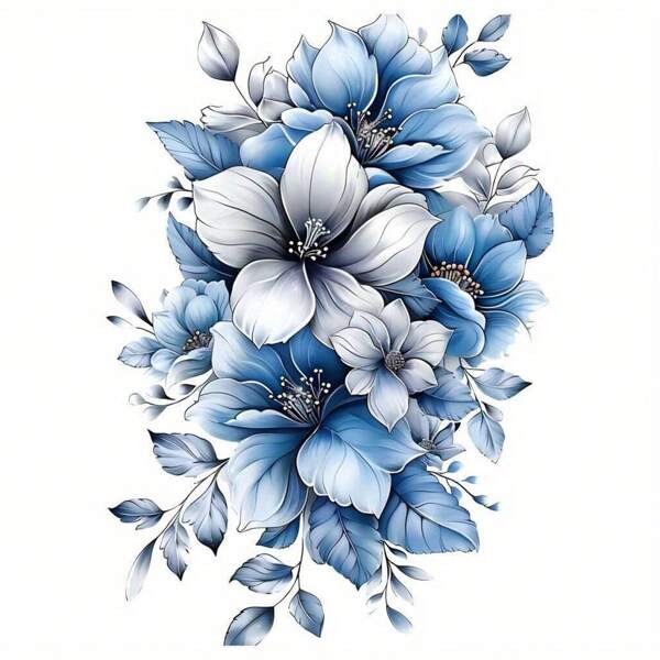 Pegatinas con transferencia de plancha con estampado floral azul y gris elegante - Calcomanías lavables con brillo para camisetas, almohadas, máscaras y mochilas, pegatinas para ropa
