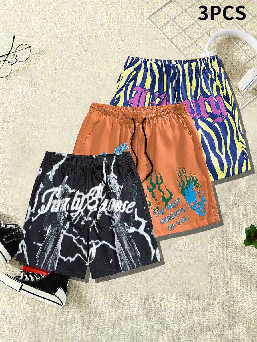 3pcs/Set Tween Boys' Casual & Commuting Fashion Drawstring Printed Shorts, Summer - Black - View 1