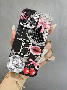 1 pieza Funda suave para teléfono con diseño de órbita luminosa con letra B minimalista, patrón de cereza y unicolor de ojos de ángel, compatible con iPhone 16/16Plus/16Pro/16ProMax