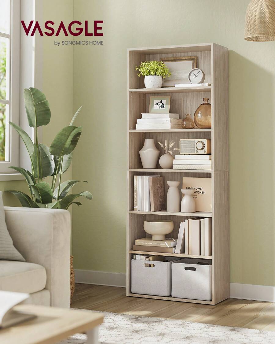 VASAGLE Bookshelf, 6-Tier Bookcase, Book Shelf Furniture, Open Storage Shelves, Room Decor, For Living Room, Home Office, Dinning Room, 9.4 X 23.6 X 63.3 Inches, Natural Beige - 原木色 - 查看 1