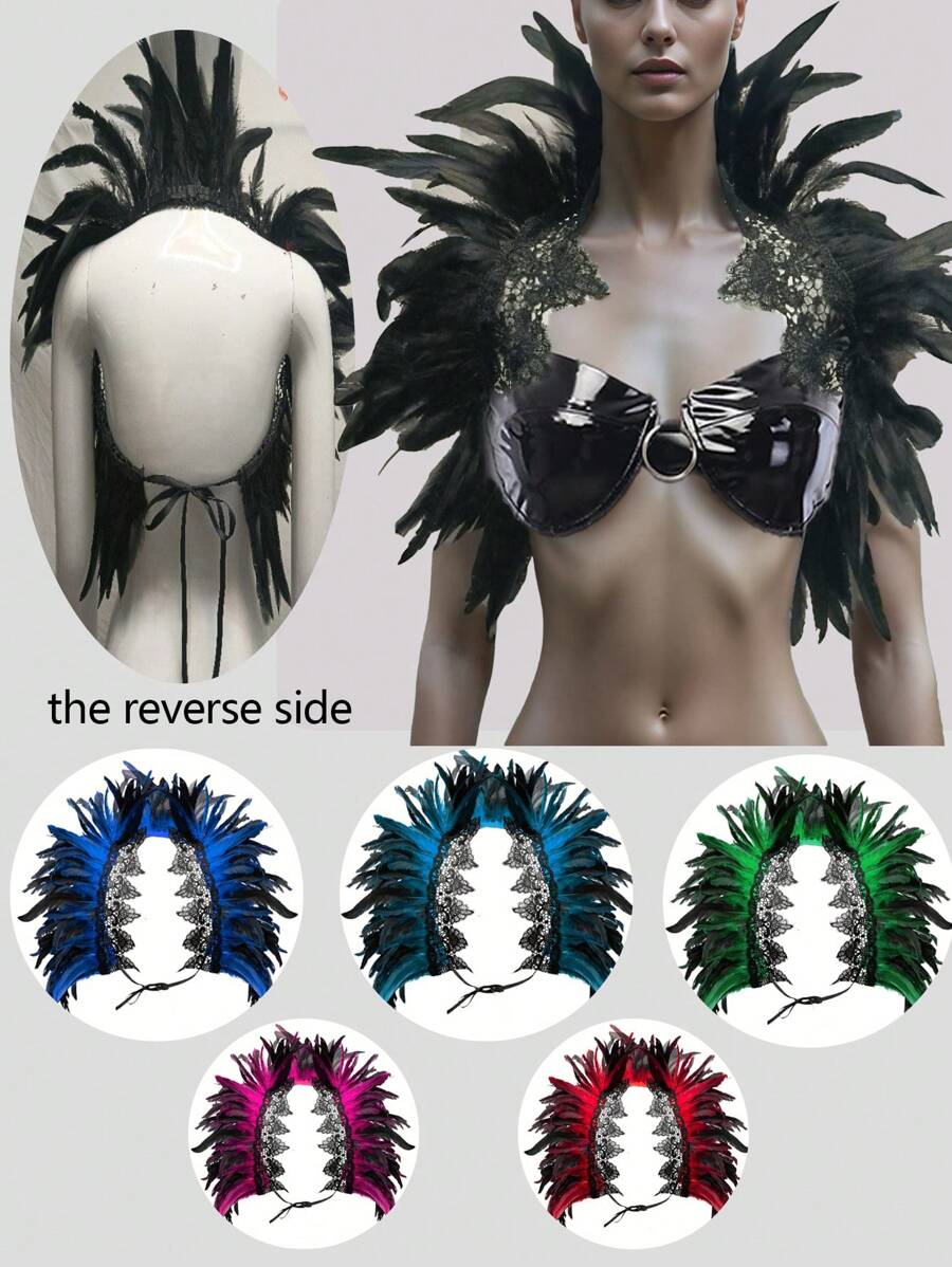 1 Gothic Style Black Feather Shawl With Lace Collar For Women, Cosplay Party Costume Prop, Stage Performance Prop