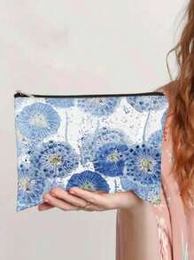 Fashionable Indigo Blue Dandelion Floral Makeup Bag - Foldable Lightweight Cosmetic Organizer Bag With Double-Sided Print, Lining And Zipper, Suitable For Women And Girls Travel Essentials Travel Accessories Travel Must Haves