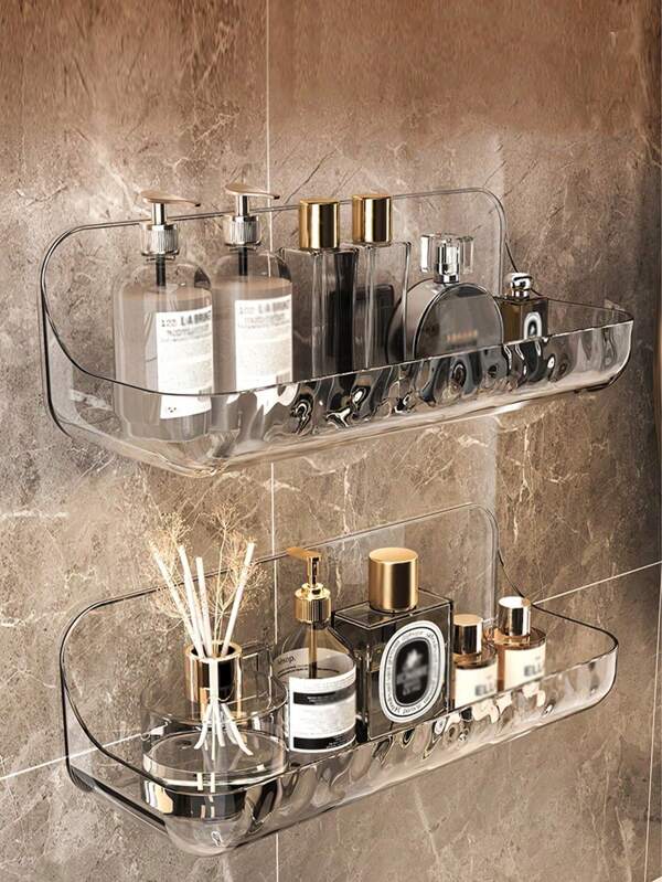 1/3pcsBathroom Storage Shelf, Good Load-Bearing, No Perforated Wall Hanging Transparent Storage Box, Suitable For The Bathroom And Kitchen Back To School