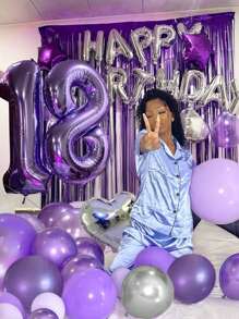 47pcs Purple Theme Silver Happy Birthday Garland Balloons, 16 Inch Foil Happy Birthday Balloon, Heart Foil Balloon, Silver & Purple Latex Balloons, Suitable For Ladies Birthday Party, Wedding Bride Shower, Birthday Decoration, Purple Lavender Theme, Photo Props, Anniversary - 彩色 - 查看 6