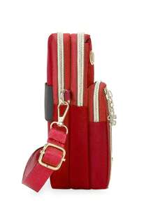 Women's Phone Pouch, Red Mini Crossbody Bag With Gold Floral & Alphabet A-Y Pattern Women's Vertical Coin Purse Sports Arm Sleeve/Running Wrist Pouch Mini Casual Crossbody Phone Bag With Earphone Hole Fashionable For White-Collar, Suitable For University, Work, Business, Commute, Office, Anniversary, Valentine's Day, Birthday, Mother's Day, Teacher's Day, Etc. - Red - View 9