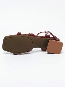 Women's High Heel Sandals, French Square Toe Burgundy Sandals, Low Heel Casual Fashion Roman Holiday Style Ankle Strap, New Spring/Summer Beach Sandals For Ladies - Burgundy - View 7