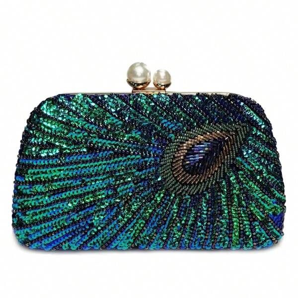 Pearl Peacock Feather, Crystal, Bead, Metal Sequin Satin, Silk Envelope Clutch Bag, Diamond Wedding Party Purse, Chain Crossbody Evening Bag, Mini Shiny Rhinestone Formal Clutch For Women