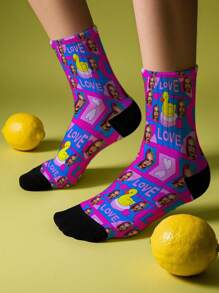Customized Yellow Duck & Heart Icon Sports Socks, Breathable Comfortable Casual Socks, Minimalist Fashion Sports Socks, Suitable For Outdoor Fitness, Basketball, Running