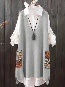 Plus Size Casual V Neck Random Print Pocket Knit Sweater Vest Dress Spring - Light Grey - View 1